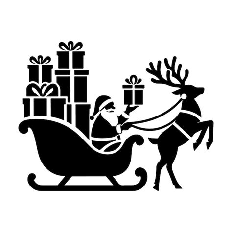 A Black And White Drawing Silhouette Of A Reindeer Sleigh With A Santa