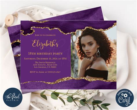 Purple And Gold Birthday Invitation Template Editable Any Age Etsy