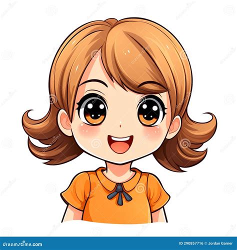 A Cartoon Girl With Brown Hair And An Orange Shirt Stock Illustration
