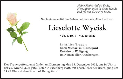 Traueranzeigen Von Lieselotte Wycisk Augsburger Allgemeine Zeitung