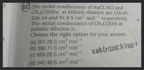 The Molar Conductance Of Nacl Hcl And Ch Coona At Infinite Dilutio