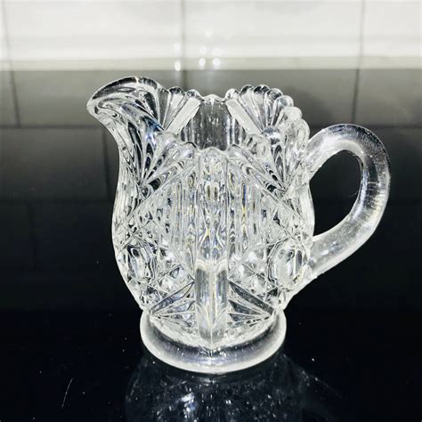 Vintage Cream Pitcher Early American Pressed Glass Ornate Miniature Creamer Collectible Display