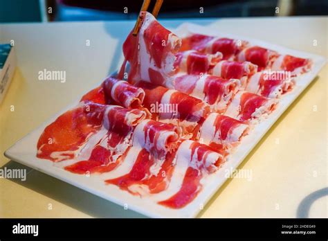 A Plate Of Fresh Hot Pot Dishes Beef Slices Stock Photo Alamy