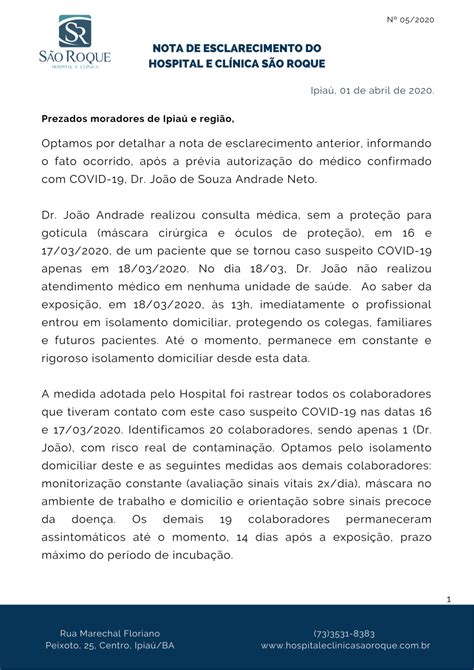 Nota de Esclarecimento nº 05 2020 Hospital e Clínica São Roque