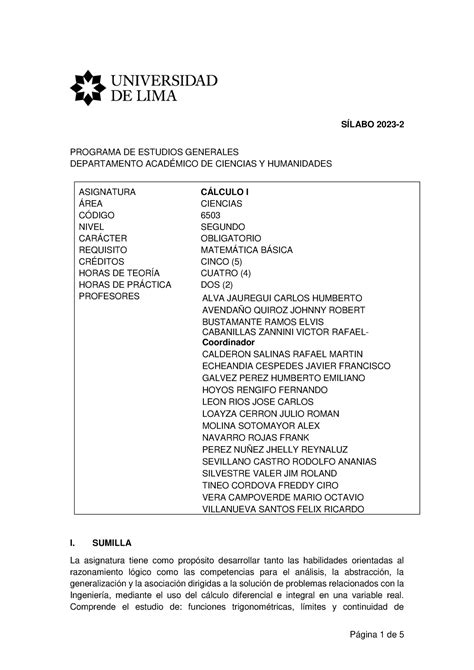 2023 2 SIL Calculo I SILABO SÍLABO 2023 PROGRAMA DE ESTUDIOS