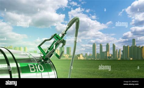 Biofuel Filling Nozzle With Storage Tank On A Green City Background