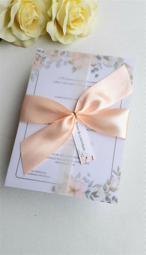 Convite Casamento Vegetal Fita De Cetim Nude E Mini Alian A