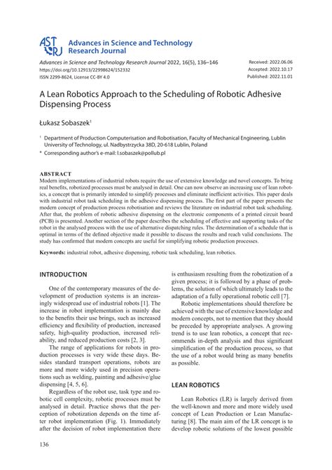 Pdf A Lean Robotics Approach To The Scheduling Of Robotic Adhesive