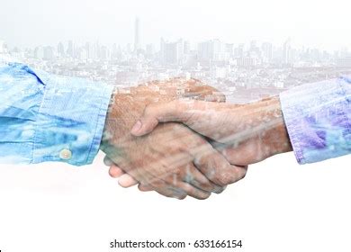 Businessman Handshake Modern City Background Double Stock Photo