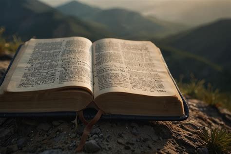 Premium Photo An Open Bible Sits On A Rock With A Sunset In The Background