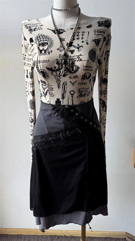 Y K Vintage Morbid Threads Asymmetrical Black Midiskirt With Gray Hot Topic Goth Emo Punk Grunge