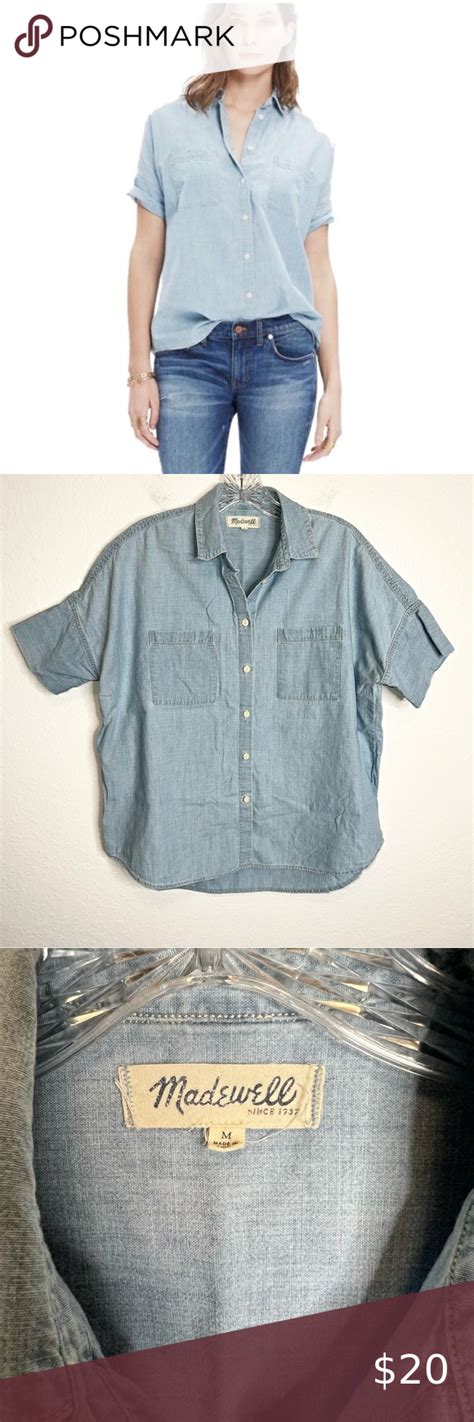 Madewell Women Medium Blue Chambray Boxy Shirt Top Button Front Short