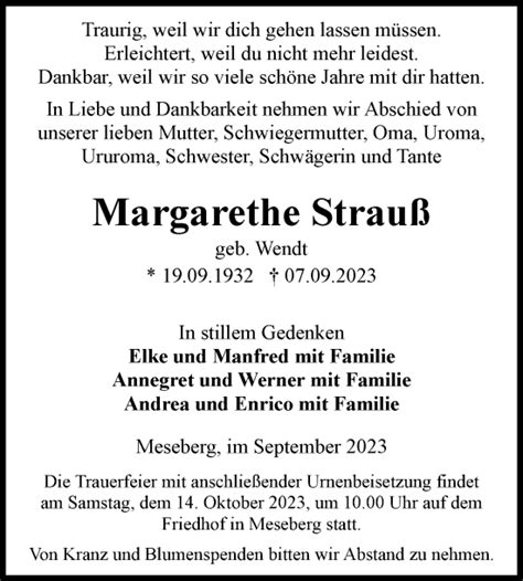 Traueranzeigen Von Margarethe Strau Abschied Nehmen De