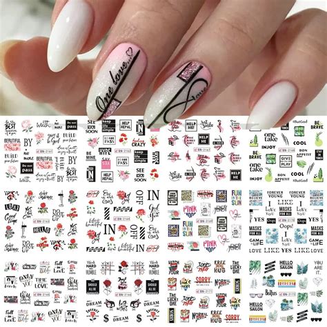 S A V I 12 Sheets Colorful Rose Heart Text Water Transfer Nail Sticker