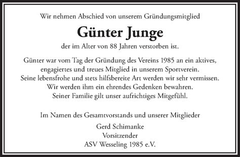 Traueranzeigen von Günter Junge WirTrauern