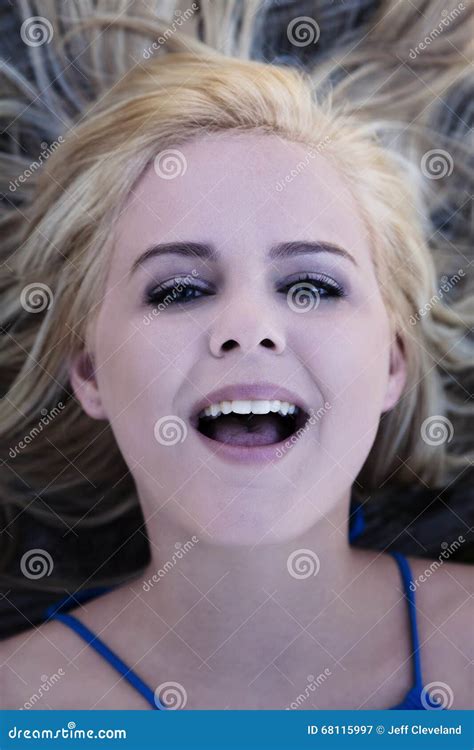 Open Mouth Portrait Outdoors Blond Caucasian Woman Stock Image Image Of Outdoors Girl 68115997