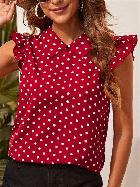 Burgundy Boho Cap Sleeve Polyester Polka Dot Top Embellished Non