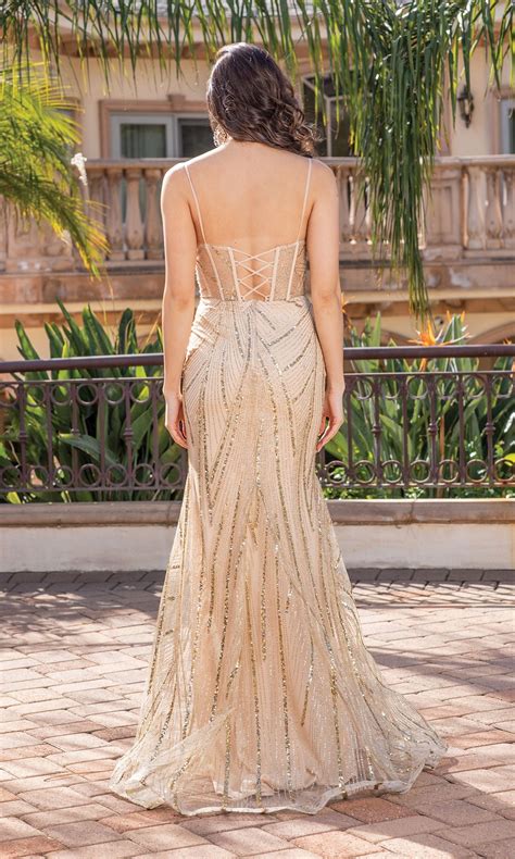 Long Gold Prom Dress With Corset Bodice Promgirl