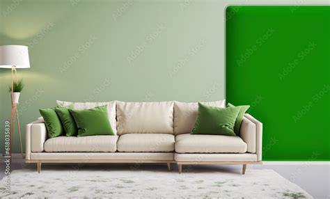 green sofa in a room, Light cream living room sofa with pillows in front of a green Screen wall ...