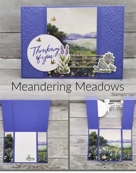 Four Pictures Of Blue And White Cards With The Words Meandering Meadows