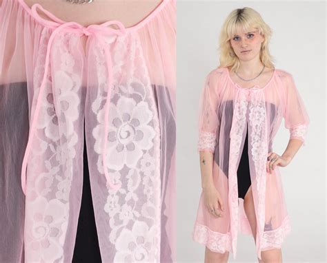 Pink Robe Lingerie Jacket 70s Pastel Sheer LACE Kimono Robe Lingerie Nylon Chiffon Romantic