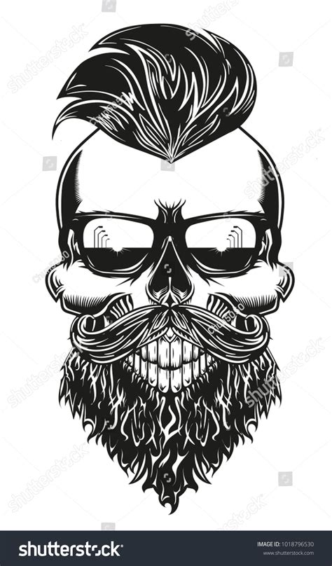 Monochrome Skull Beard Mustache Pomadour Sunglasses Stock Vector