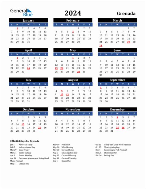 2024 Grenada Calendar With Holidays
