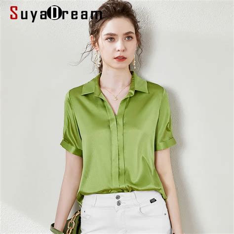 Suyadream Satin Blouse Women Silk Solid Short Sleeves V Neck