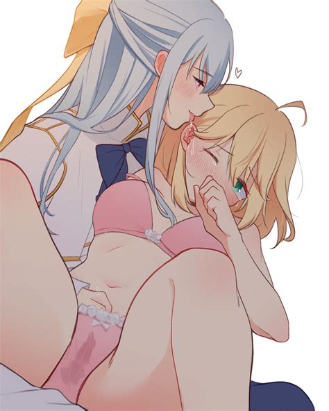 Rule 34 2girls Ahoge Anisphia Wynn Palettia Blonde Hair Blush Bra Strap Breasts Canon Couple