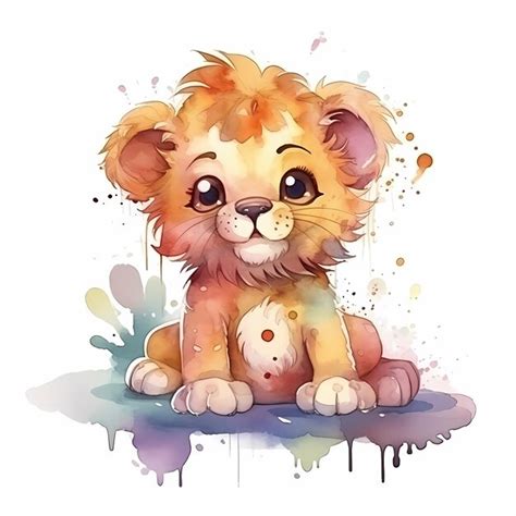 Premium AI Image | Watercolor baby lion character animal wearing crown