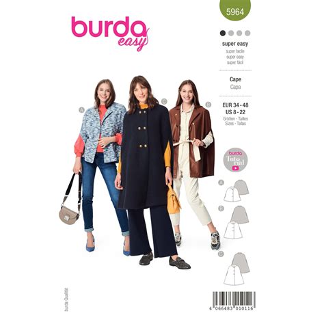 Patron Burda 5964 cape poncho femme taille 34 49 en français Tissus