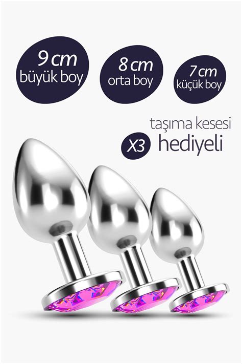 FEMSTAR 3 lü Alıştırıcı Metal Anal Plug Set Pembe Elmas Taşlı Açıcı