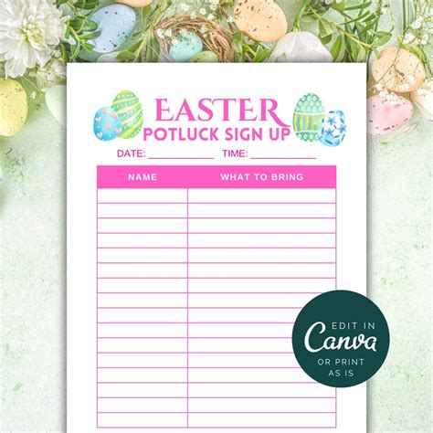 Easter Sign Up Sheet Printable Easter Potluck Sign Up Sheet Easter