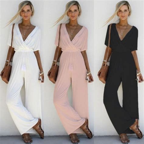 Fashion Sexy V Neck High Waist Jumpsuit Loose Playsuit Loose Fit