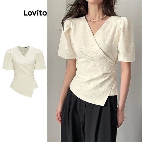 Lovito Elegant Plain Wrap Ruched Puff Sleeve Blouses For Women L Ed