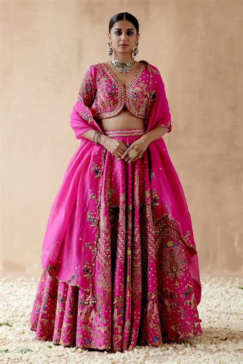 Buy Pink Dupion Silk Embroidery Sequin V Floral And Bird Bridal Lehenga