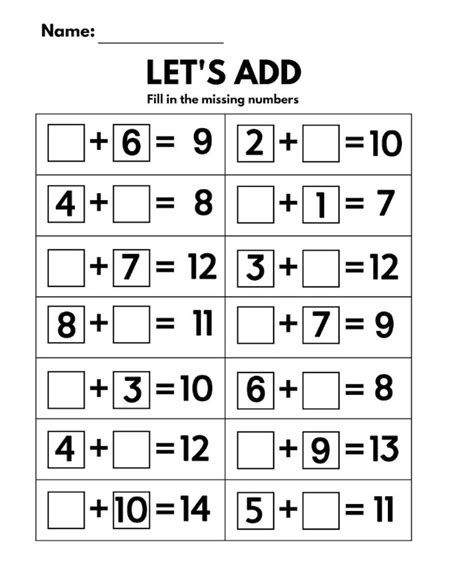 Printable Additition Fill In The Blanks Worksheets Numbers For