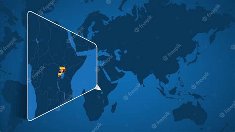 世界地図上のウガンダの位置と旗を持つウガンダの拡大地図 プレミアムベクター