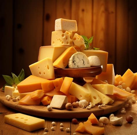 Premium Photo A Pile Of Cheeses With Cheese And Cheese On A Wooden Table