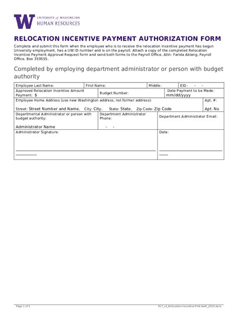 Relocation Incentive Payment Authorization Doc Template Pdffiller