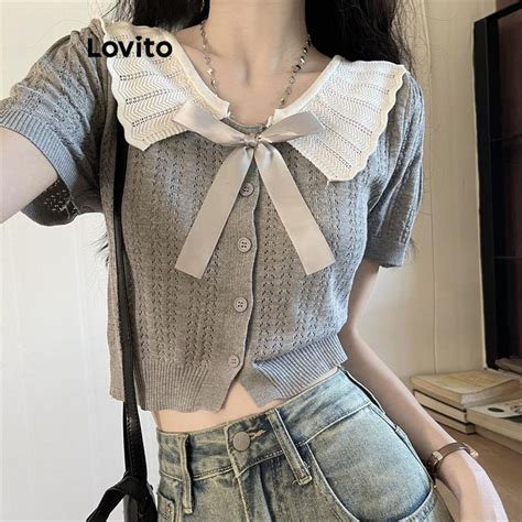 Lovito Casual Plain Bow Ruffle Neck Knit Top For Women LNE70722