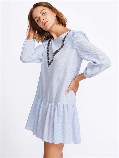 Embroidered Tape Detail Frilled Pinstripe Smock Dress SheIn Sheinside