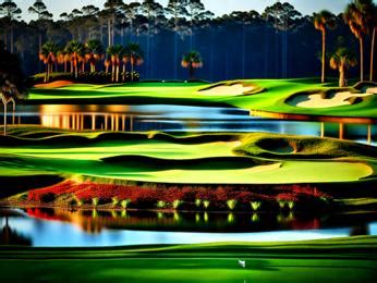 A Painting Of A Golf Course With Water And Palm Trees Image Design Id