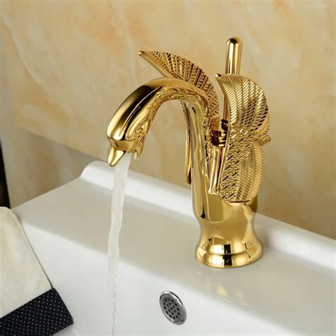 Solid Brass Gold Plated Swan Carved Faucet European Bath Art Creative