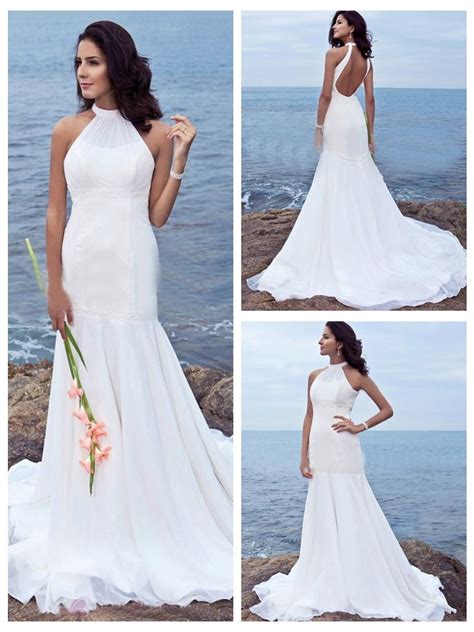 Trumpet Mermaid Halter Sweep Train Chiffon Over Satin Wedding Dresses