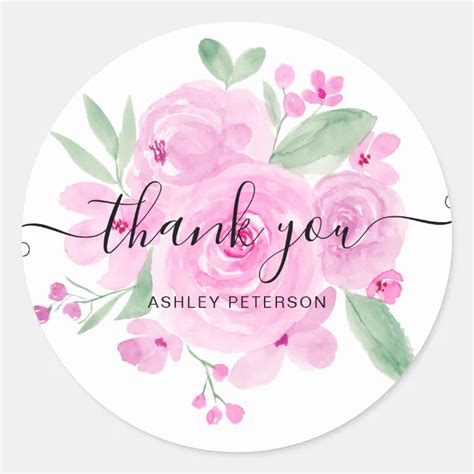 Thank You Script Pastel Pink Floral Watercolor Classic Round Sticker