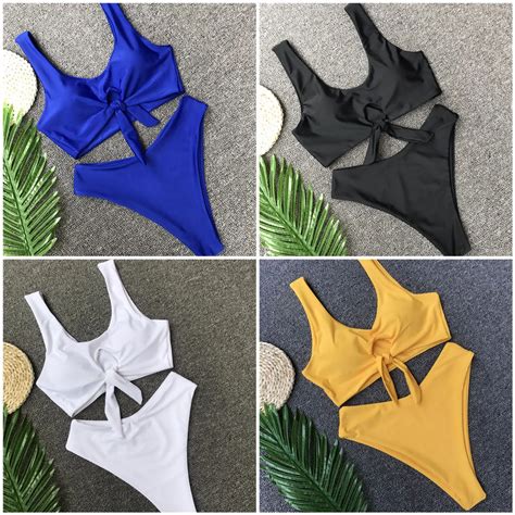 2018 Women Tie Knot Front High Waist Thong Bandage Bikini Sets