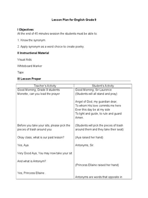 Lesson Plan For English Grade 9