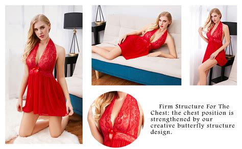 Ruzishun Women Deep V Neck Babydoll Halter Transparent Lace Sexy Lingerie Sleepwear L Red At