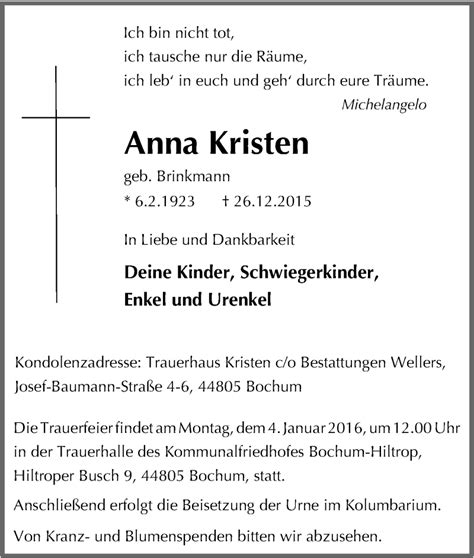 Traueranzeigen Von Anna Kristen Trauer In Nrw De